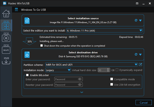 WinToUSB installing Windows to USB drive