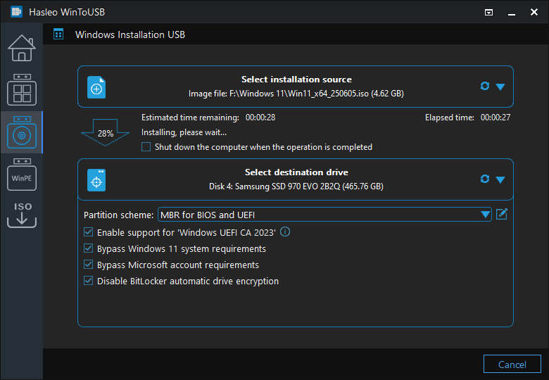 WinToUSB Windows installation USB creator screen