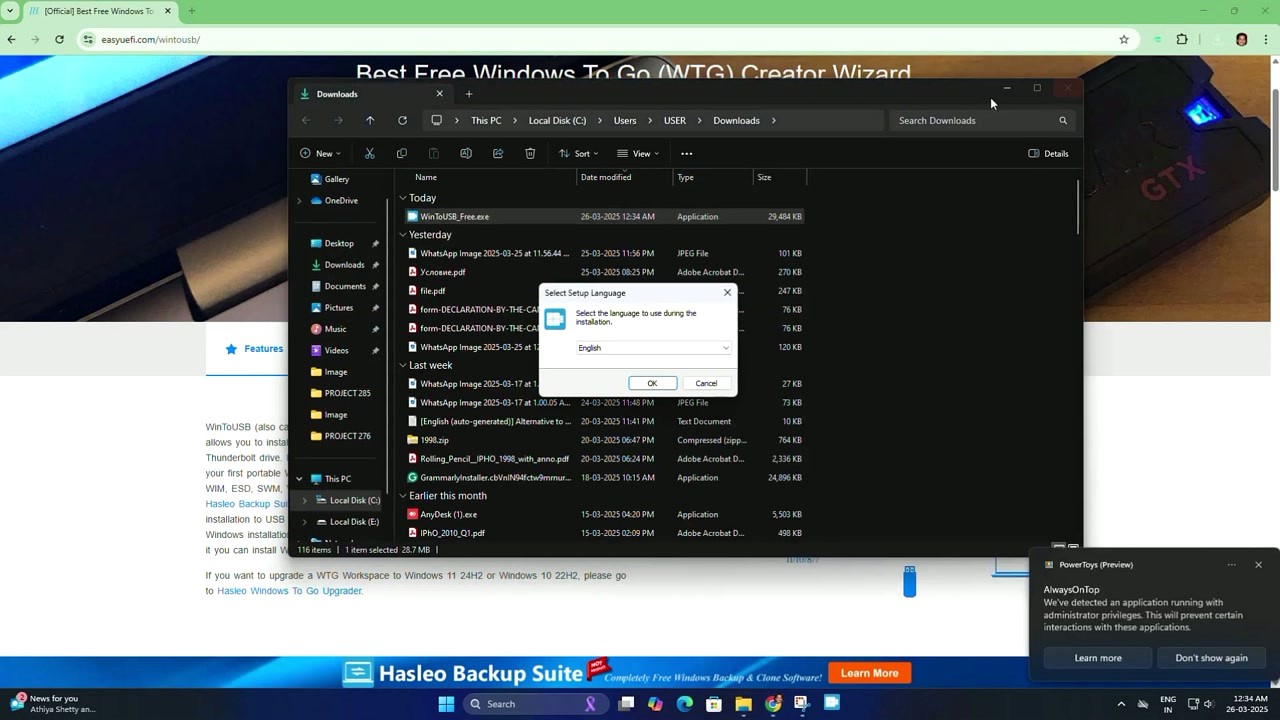 WinToUSB installer language selection dialog