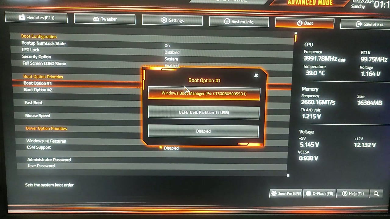 BIOS boot order configuration to boot from USB drive